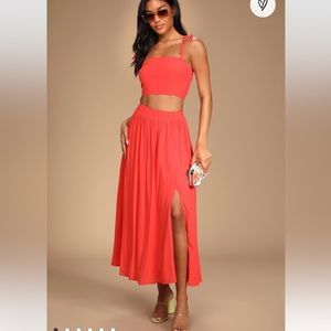 Lulus New On The Scene Coral Orange Two-Piece Midi Dress - Medium